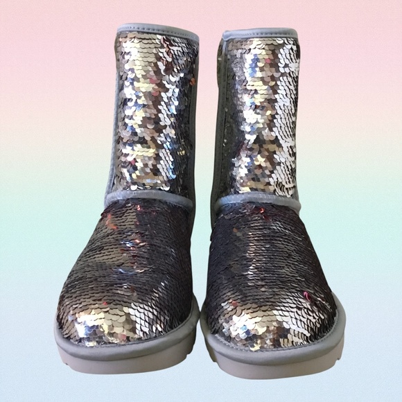 NEW UGG Classic Short Sequin Silver Pink Combe Boot - Picture 5 of 15